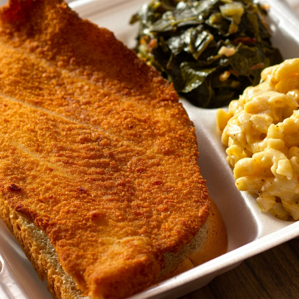 Crispy breaded sandwich served with creamy macaroni and cheese and sautéed greens in a compostable tray.