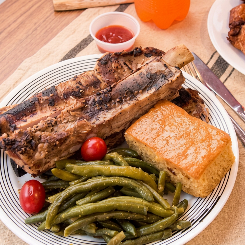 Plate of grilled ribs, green beans, cornbread, and cherry tomatoes, with fried chicken, dipping sauces, and orange drink in the background.