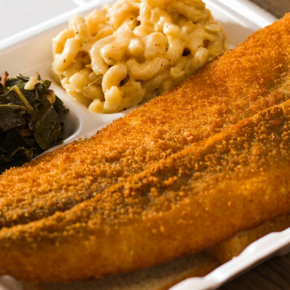 Crispy breaded fish fillets served with macaroni and cheese and sautéed leafy greens on a white plate.