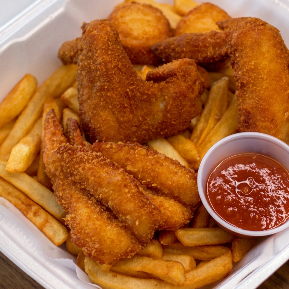 Crispy fried chicken tenders and nuggets over French fries with a cup of dipping sauce in a takeout container.