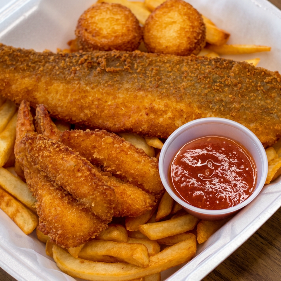 Breaded fish fillet with fried shrimp, fries, hush puppies, and dipping sauce in a takeout container.